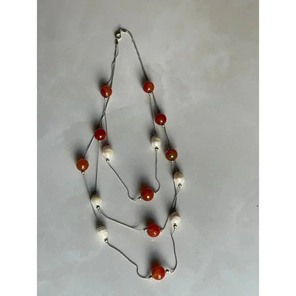 Sterling Silver 925 Multi Layered Pearl Necklace Carnelian Beads Gold Accents - Picture 1 of 8